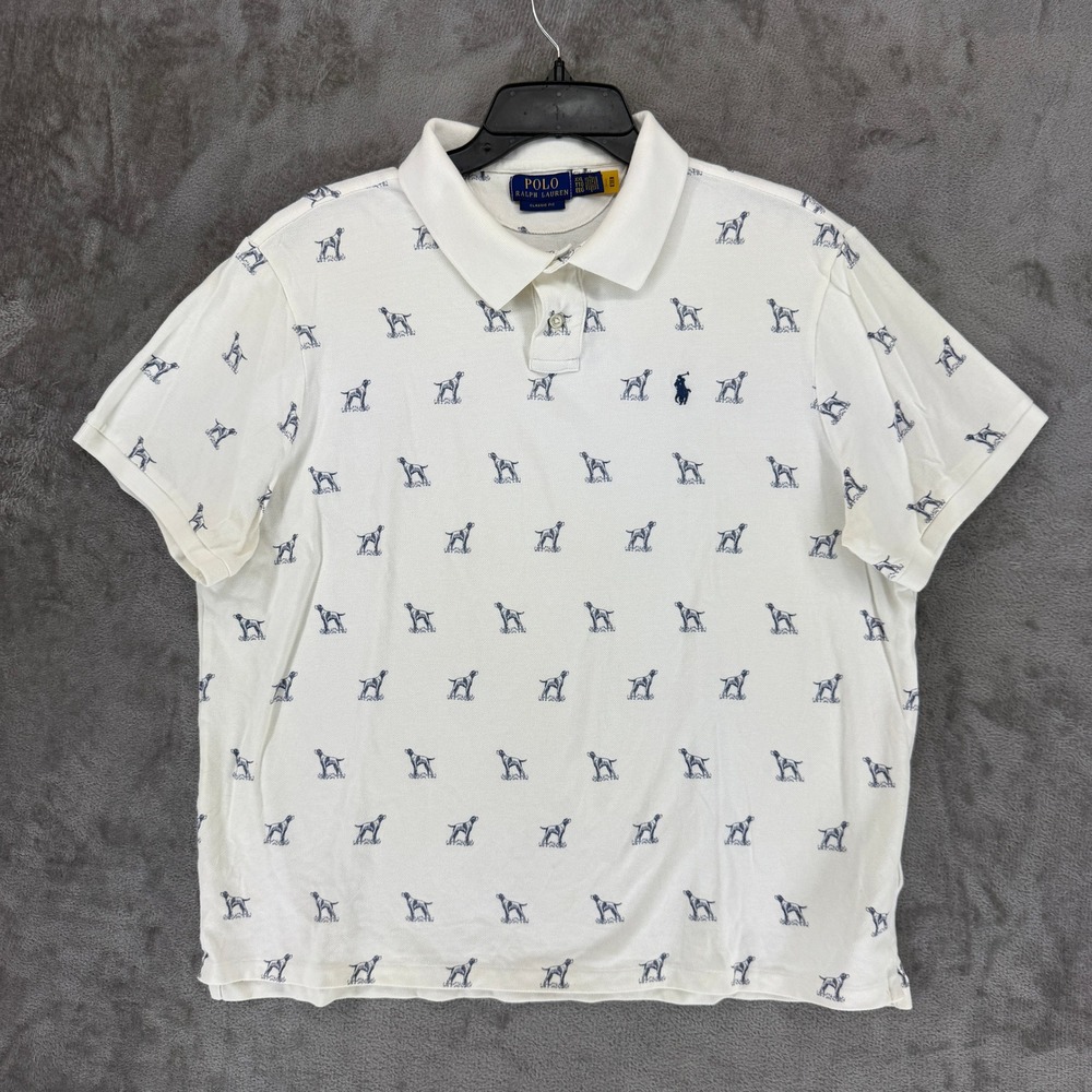 Polo Ralph Lauren Mens XXL White Pointer Dog Print Classic Fit Polo Shirt